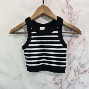 Zyia Active Tank Top Womens XS Black White Striped Crop Built In Shelf Bra